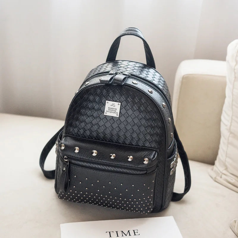 Female PU Leather Woven Travel Backpack Small Rivet Bag