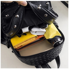 Female PU Leather Woven Travel Backpack Small Rivet Bag