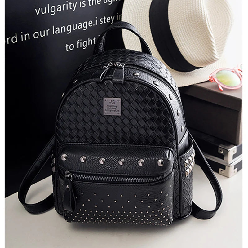 Female PU Leather Woven Travel Backpack Small Rivet Bag