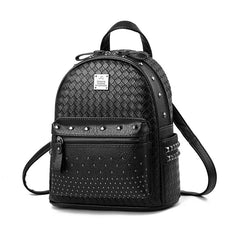 Female PU Leather Woven Travel Backpack Small Rivet Bag