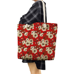 Women's Red Shoulder Bag Floral Print Handbag High Capacity Travel Tote