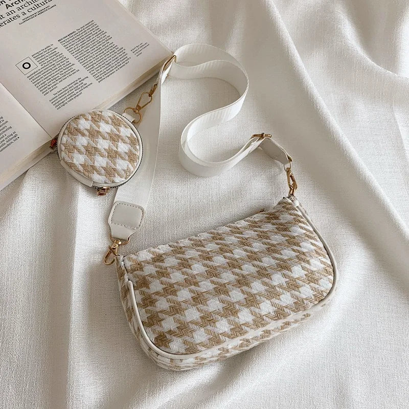 Plaid Shoulder Bag with Mini Round Purse