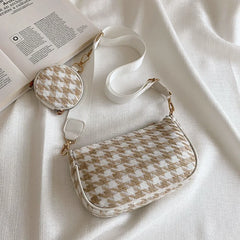 Plaid Shoulder Bag with Mini Round Purse