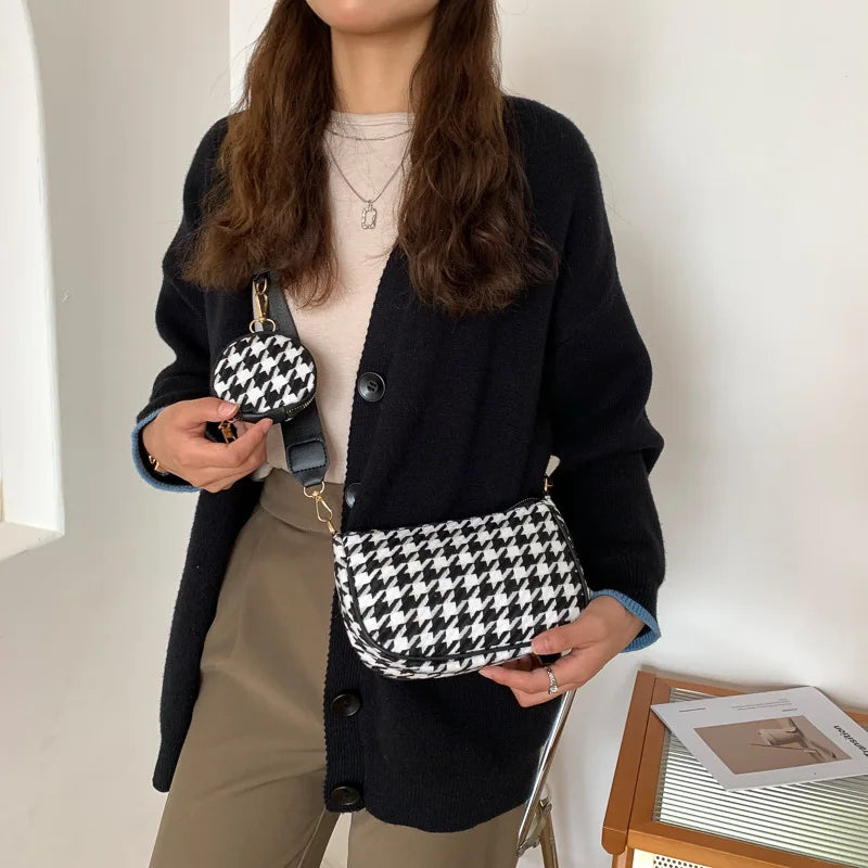 Plaid Shoulder Bag with Mini Round Purse