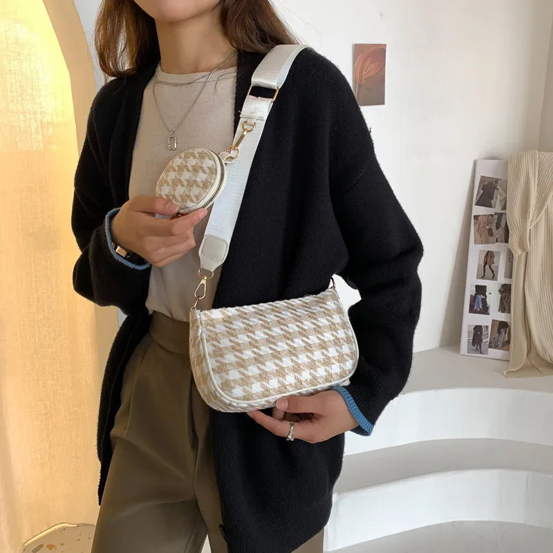Female Vintage Plaid Print Shoulder Bags with Mini Round Purse Pendant