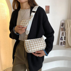 Female Vintage Plaid Print Shoulder Bags with Mini Round Purse Pendant