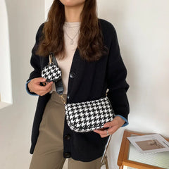 Vintage Plaid Shoulder Bag with Mini Purse Pendant