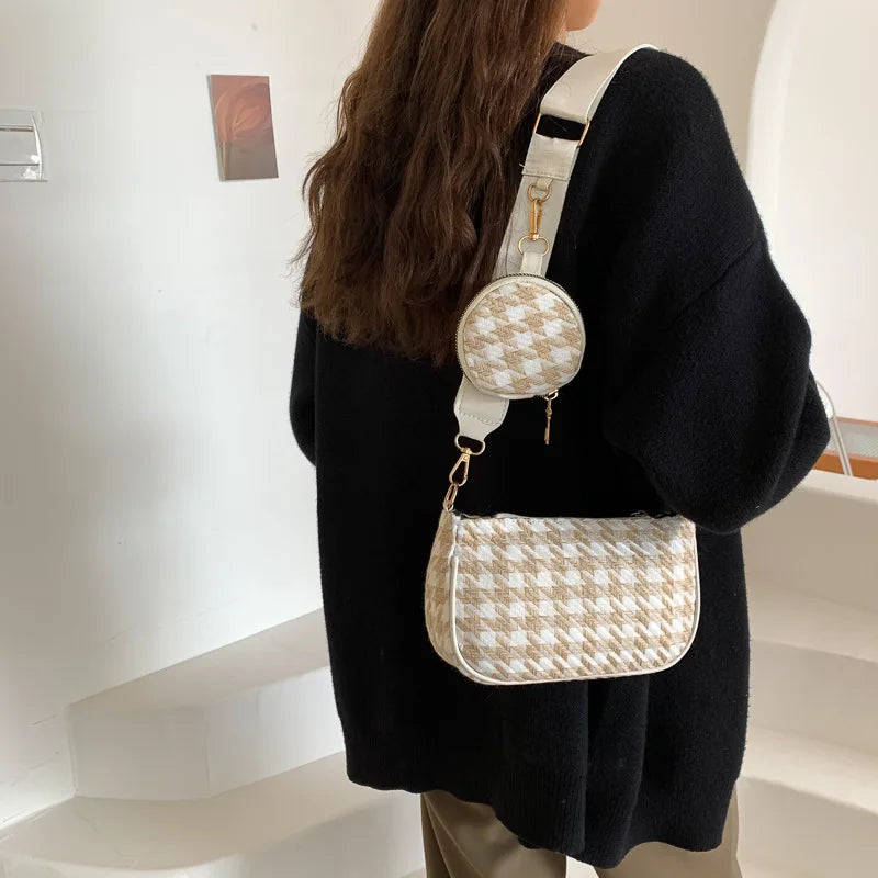 Vintage Plaid Shoulder Bag with Mini Purse Pendant