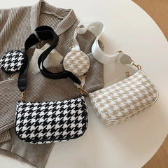 Female Vintage Plaid Print Shoulder Bags with Mini Round Purse Pendant