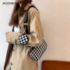 Vintage Plaid Shoulder Bag with Mini Purse Pendant