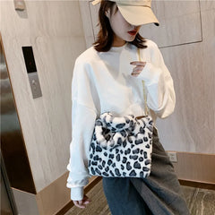 Female Winter Fluffy Warm Leopard Plush Tote Handbag