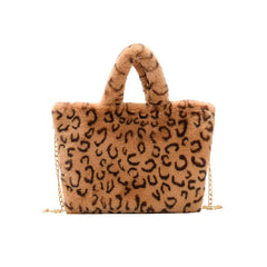 Female Winter Fluffy Warm Leopard Plush Tote Handbag