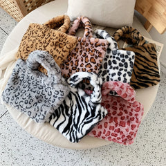 Female Winter Fluffy Warm Leopard Plush Tote Handbag