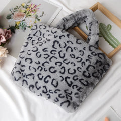 Female Winter Fluffy Warm Leopard Plush Tote Handbag
