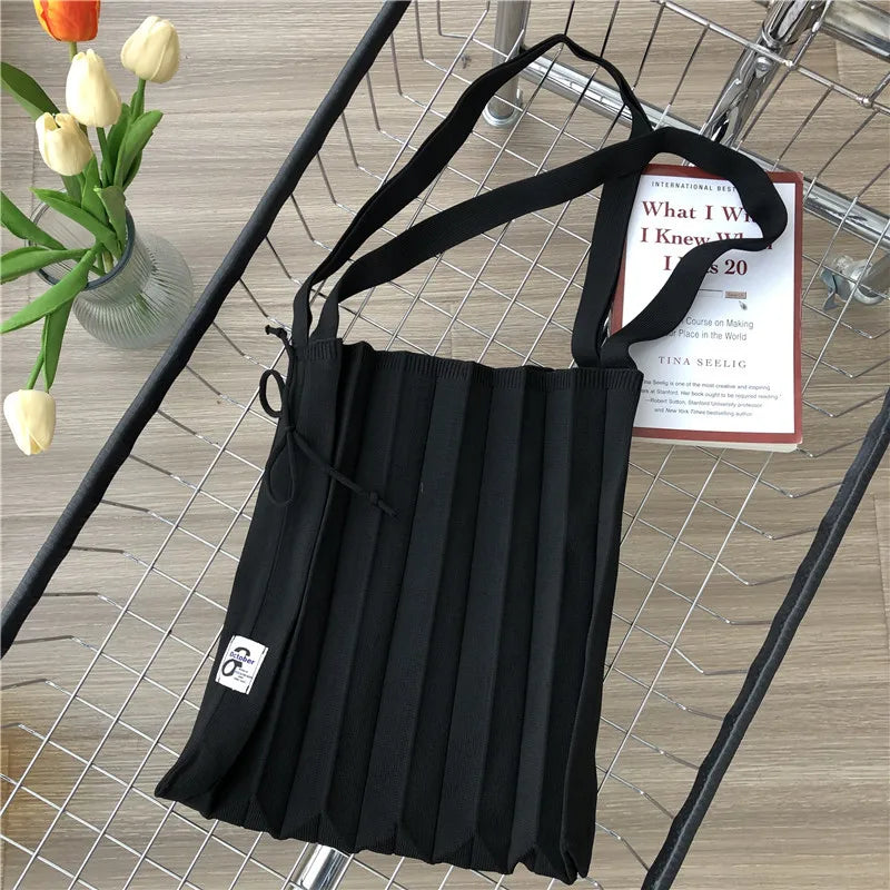 Knitted Pleats Tote Organ Bag Contrast Shoulder Shopper