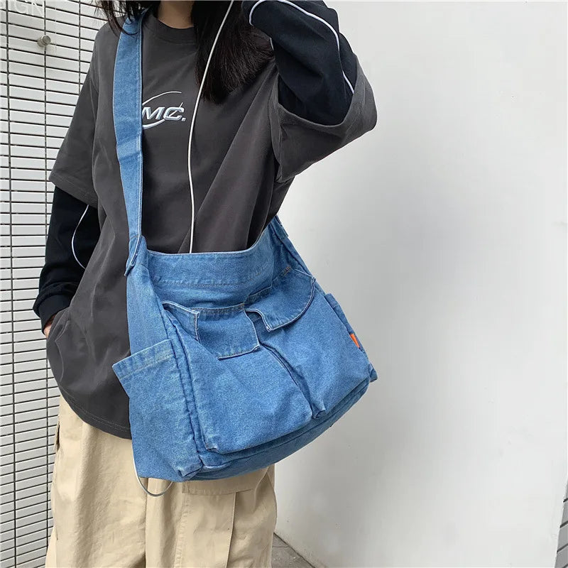 Y2K Denim Jeans Fabric School Book Laptop Shoulder Bag