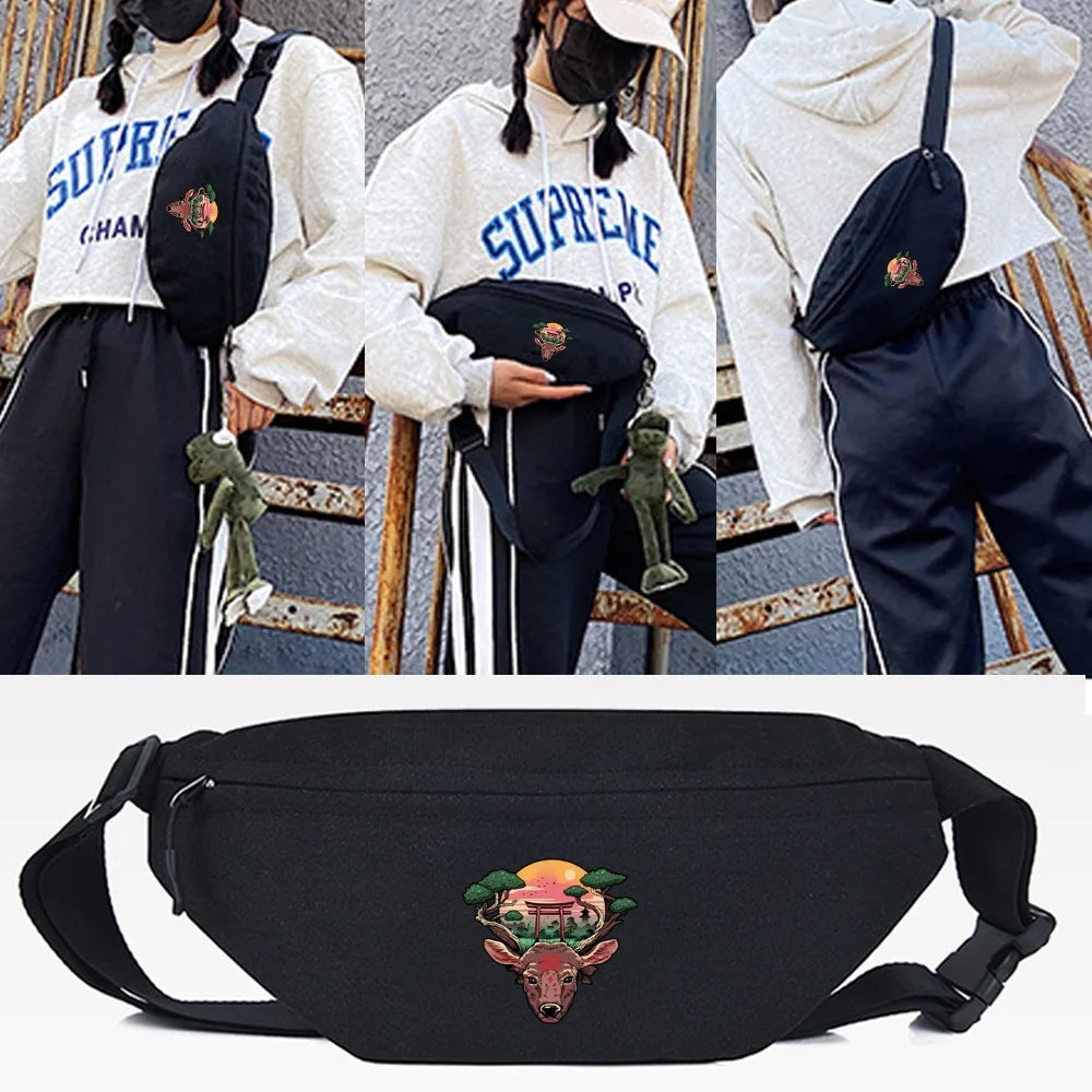 Flame Print Waist Bags Multifunction Phone Pouch Canvas Crossbody Shoulder Bag