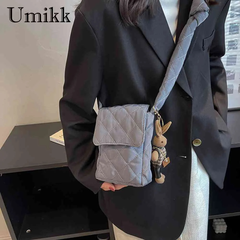 Rhombic Lattice Crossbody Bag with Rabbit Toy, Casual Cotton Soft Bag