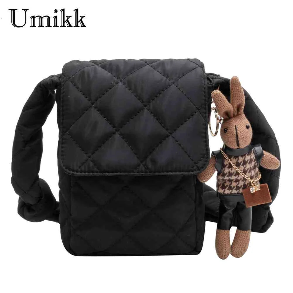 Rhombic Lattice Crossbody Bag with Rabbit Toy, Casual Cotton Soft Bag
