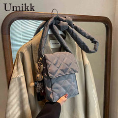 Rhombic Lattice Crossbody Bag with Rabbit Toy, Casual Cotton Soft Bag
