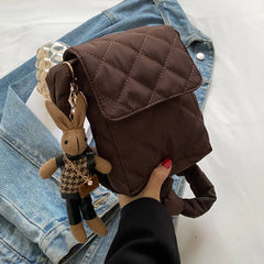 Rhombic Lattice Crossbody Bag with Rabbit Toy, Casual Cotton Soft Bag