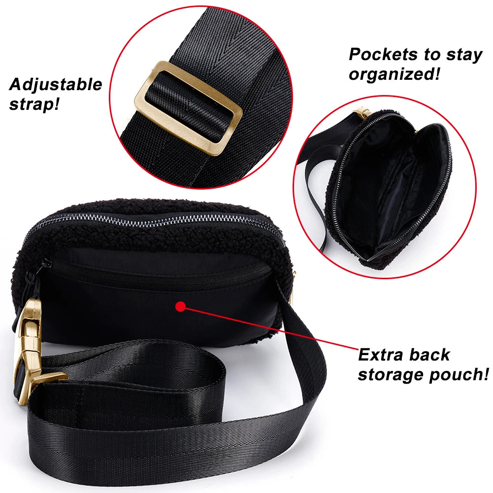 Plush Waist Bag Zipper Pocket Women Messenger Bag for Sports