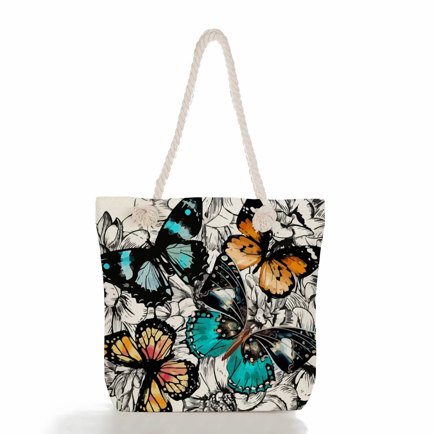 Floral Butterfly Print Handbag Linen Women Tote Bag High Capacity Shoulder Bag