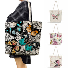 Floral Butterfly Print Handbag Linen Women Tote Bag High Capacity Shoulder Bag