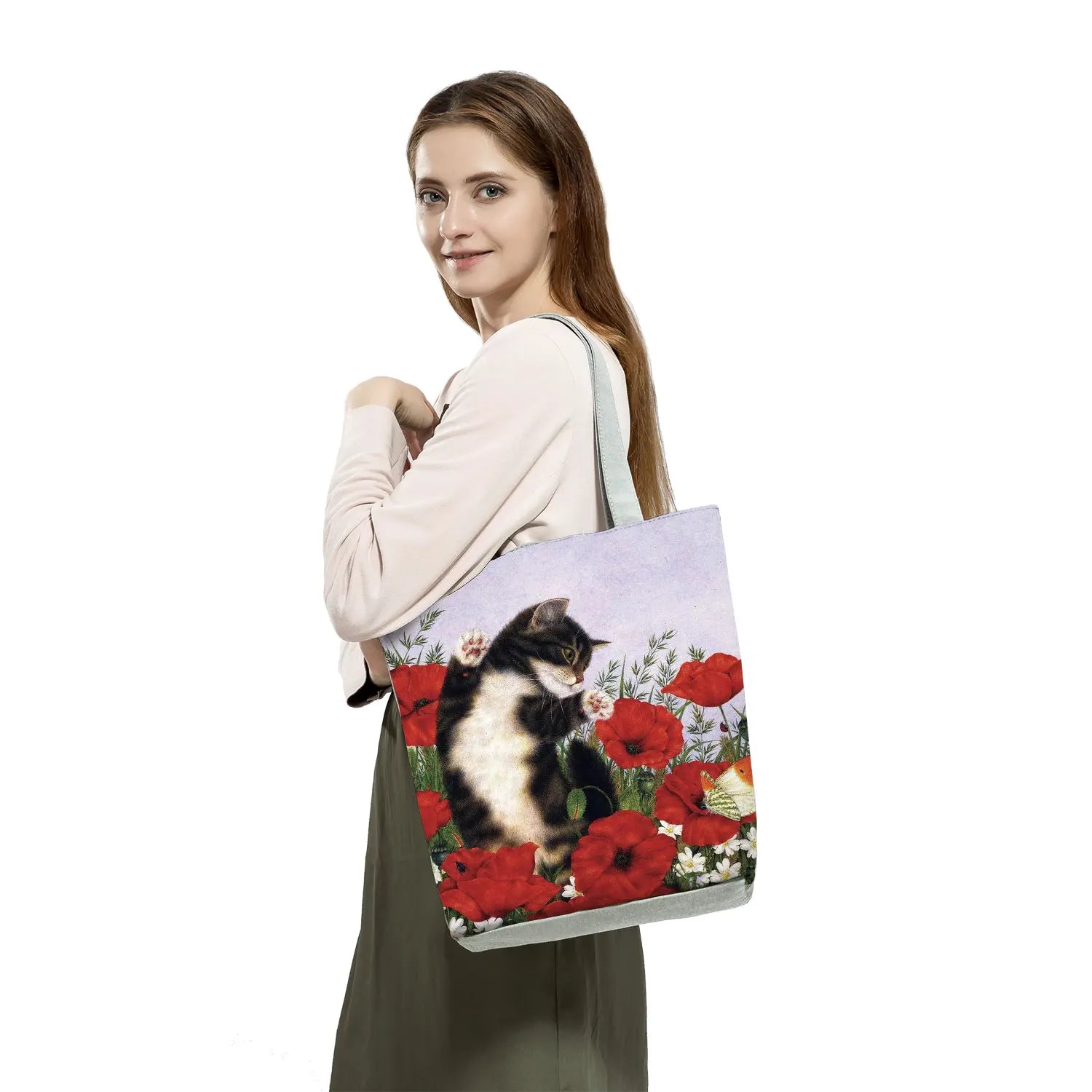 Floral Ladies Handbags Large Shopping Bag Cat Flower Painting Print Women Tote B