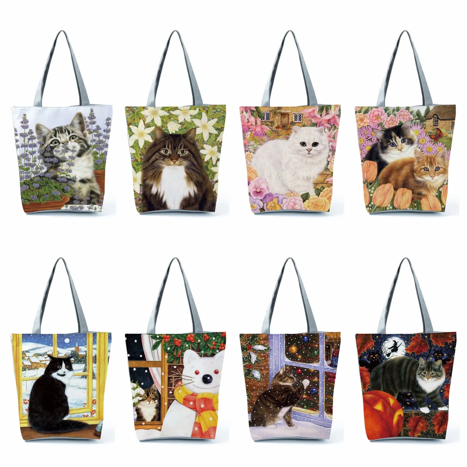 Floral Ladies Handbags Large Shopping Bag Cat Flower Painting Print Women Tote B