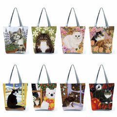 Floral Ladies Handbags Large Shopping Bag Cat Flower Painting Print Women Tote B
