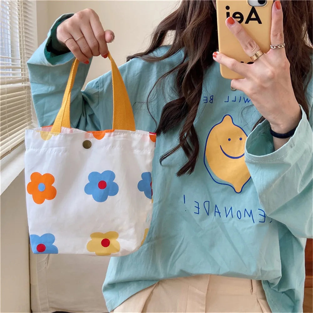 Floral Mini Canvas Shopping Handbags Female Reusable Foldable Tote Bags