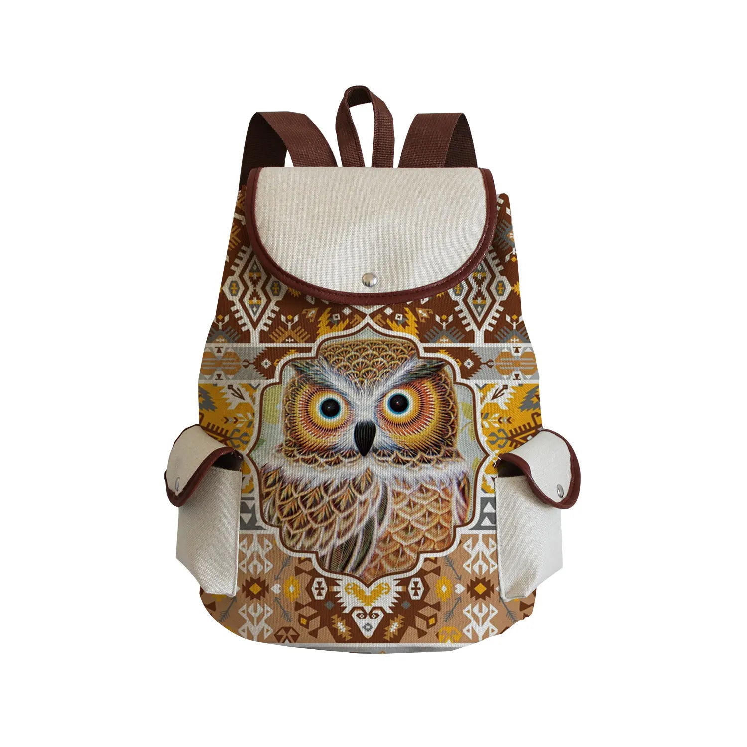 Floral Owl Print Animal Backpack Eco Linen Drawstring School Bag