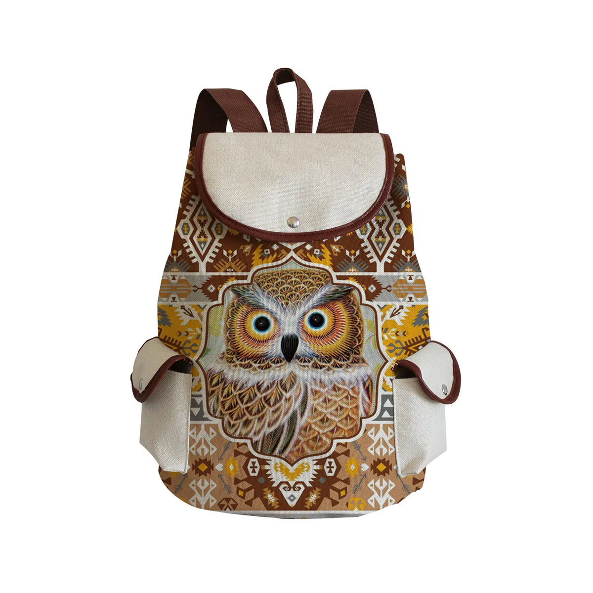 Floral Owl Print Animal Backpack Eco Linen Drawstring School Bag
