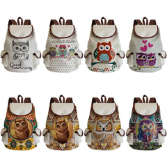 Floral Owl Print Animal Backpack Eco Linen Drawstring School Bag