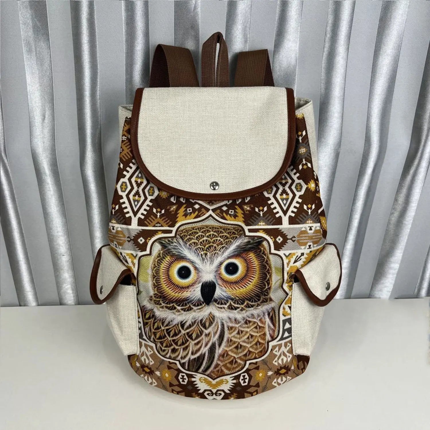 Floral Owl Print Animal Backpack Eco Linen Drawstring School Bag