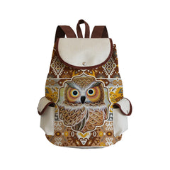 Floral Owl Print Animal Backpack Eco Linen Drawstring School Bag