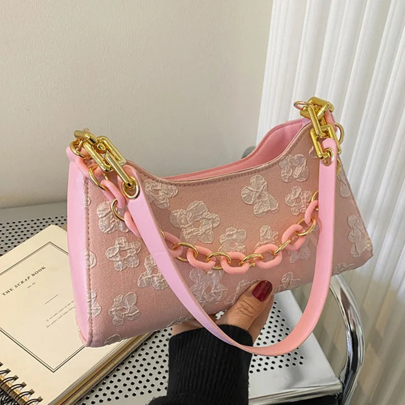 Floral Printed Underarm Bag Chains Shoulder Bag Summer Armpit Handbag