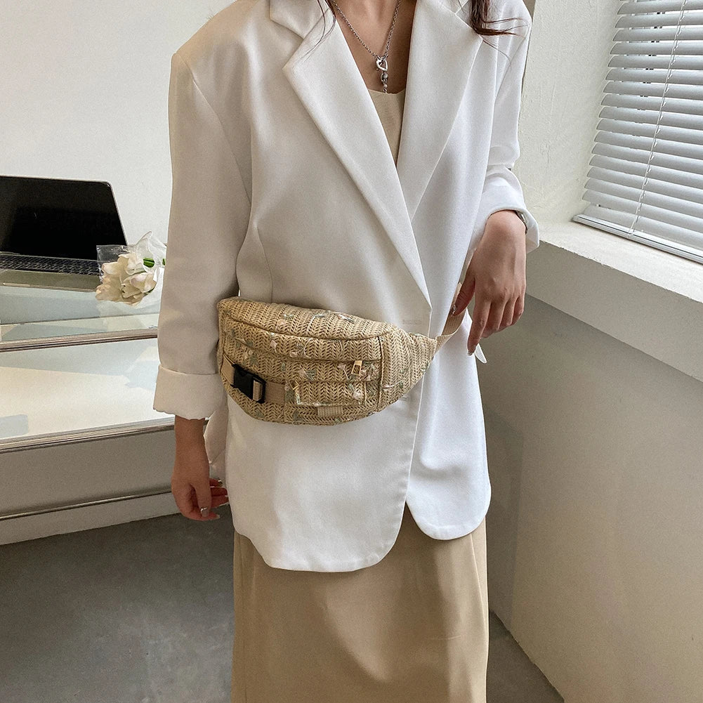 Woven Flower Waist Bag Women Summer Crossbody Chest Fanny Pack Banana Hip Purse