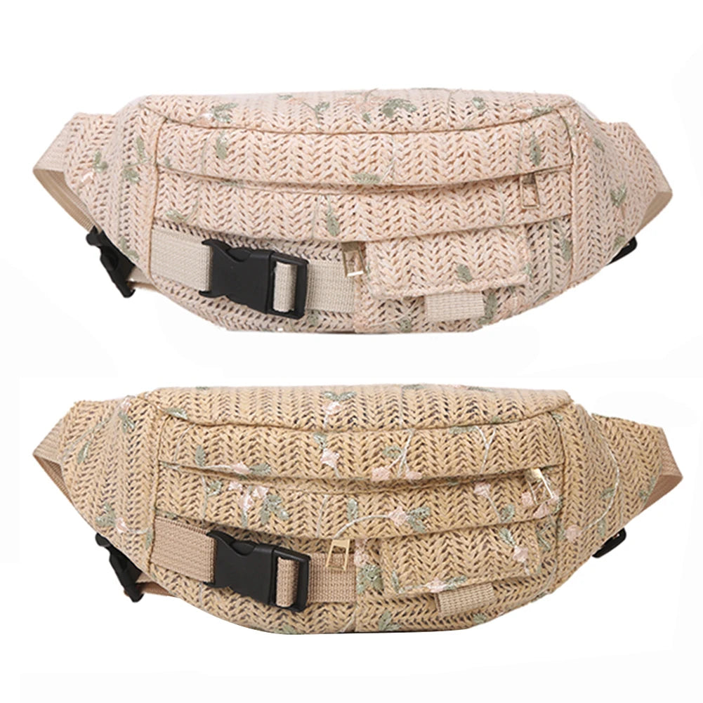 Woven Flower Waist Bag Women Summer Crossbody Chest Fanny Pack Banana Hip Purse