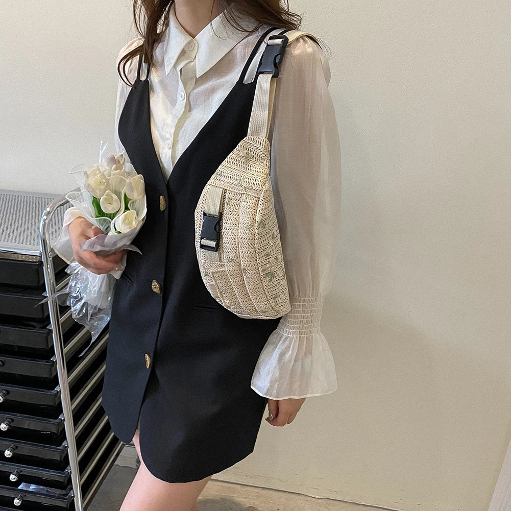 Woven Flower Waist Bag Women Summer Crossbody Chest Fanny Pack Banana Hip Purse