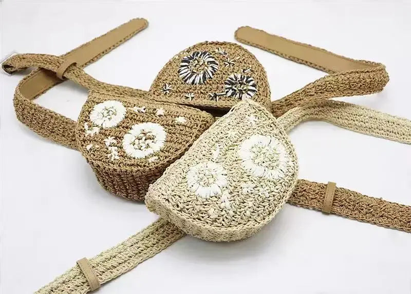 Flower Straw Waist Pack Grass Women Bag Purse