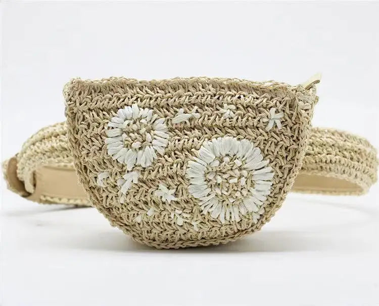 Flower Straw Waist Pack Grass Women Bag Purse