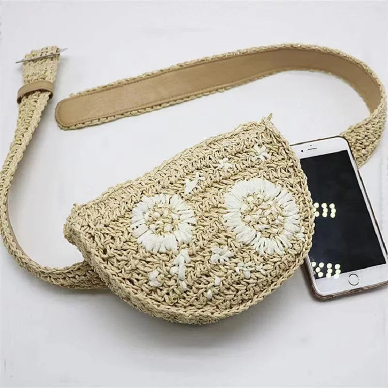 Flower Straw Waist Pack Grass Women Bag Purse
