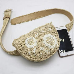 Flower Straw Waist Pack Grass Women Bag Purse