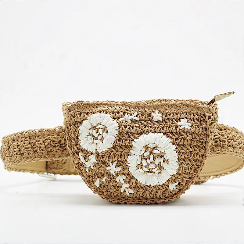 Flower Straw Waist Pack men women mobile keys purse grass bag