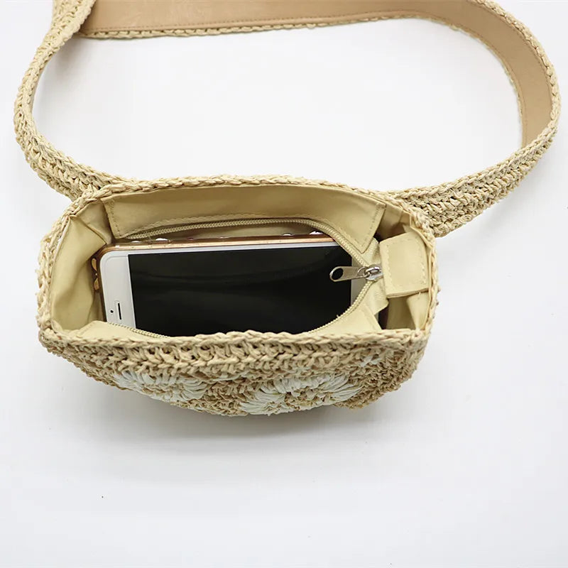 Flower Straw Waist Pack men women mobile keys purse grass bag