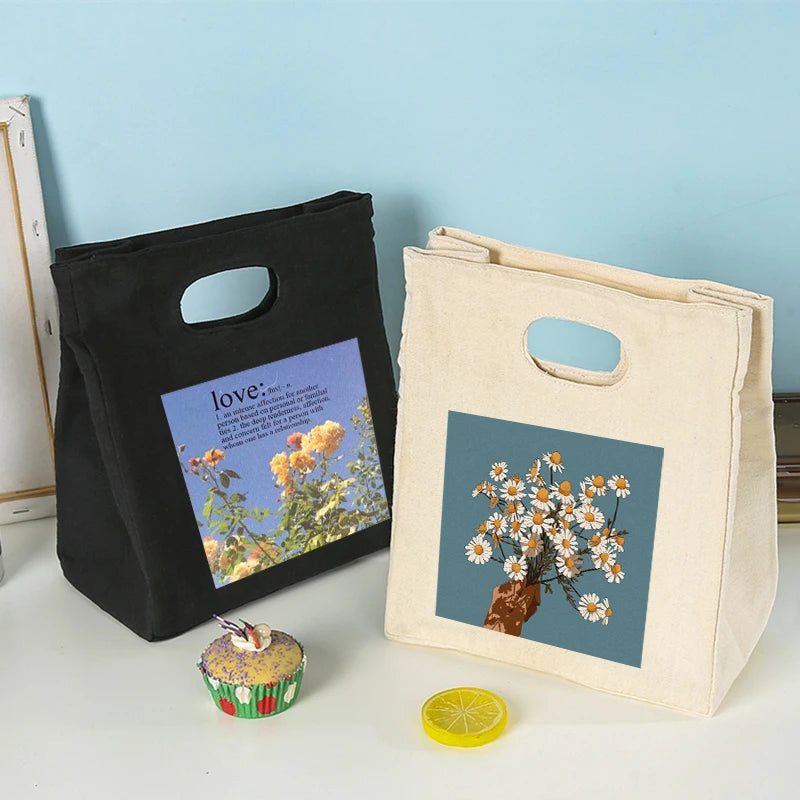 Flowers Printed Cooler Lunch Box Insulated Bento Bag
