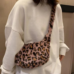 Leopard Print Crossbody Bag Women Plush Soft Casual Shoulder Messenger Bag