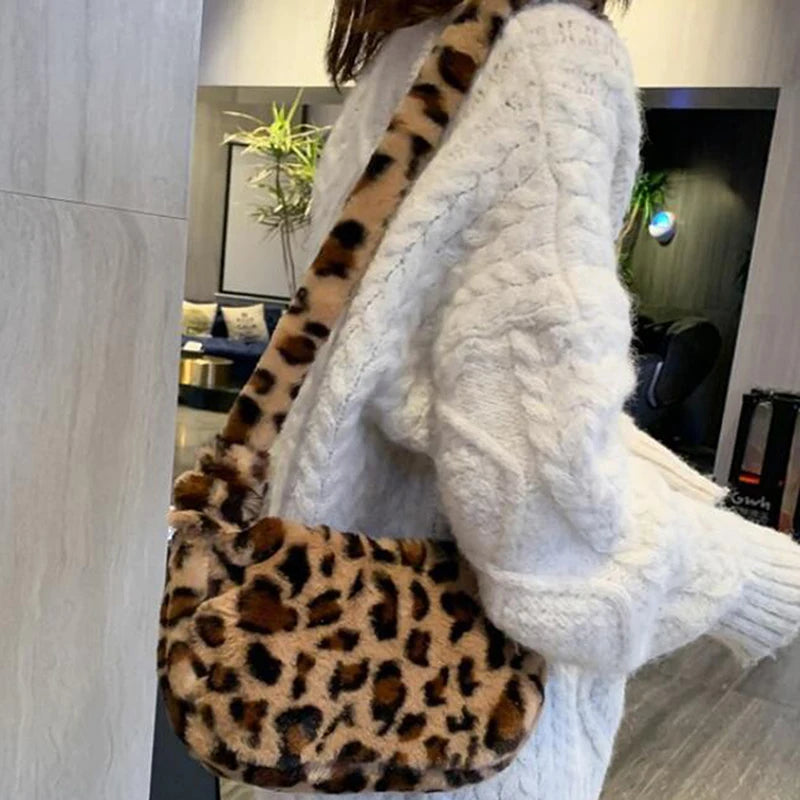 Leopard Print Handbag Small Crossbody Bag Women Plush Soft